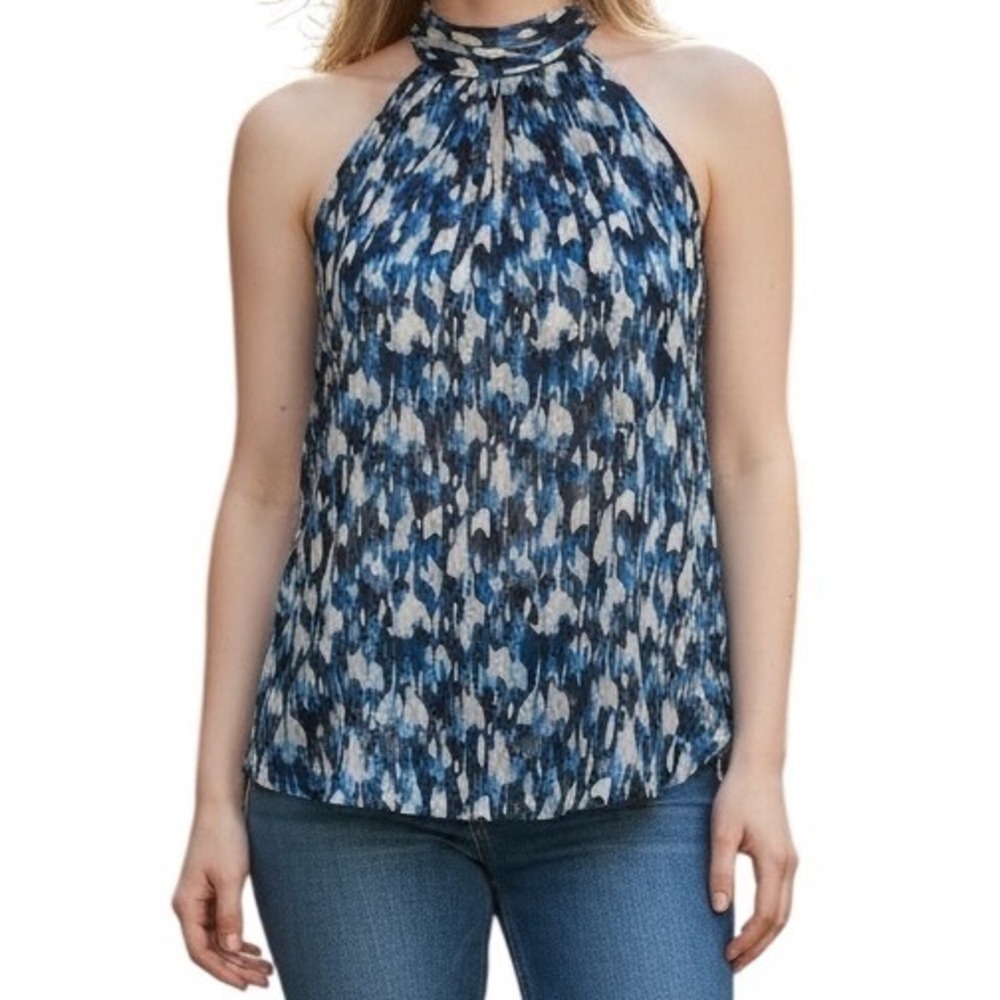 WHITE HOUSE BLACK MARKET Blue Abstract Metallic Tie Back‎  Blouse NWOT 6P